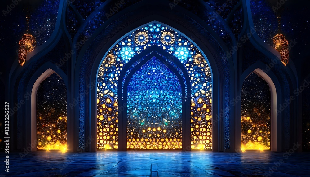 Obraz premium Luminous Islamic archway with intricate blue and gold mosaic.