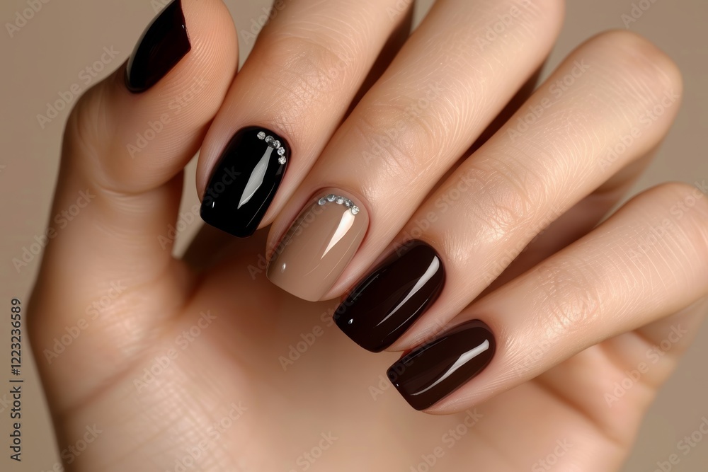 Elegant Neutral Manicure, Beige And Black Nails With Crystals, Gel Polish, Luxury Beauty Salon Elegant Neutral Manicure, Beige And Black Nails With Crystals, Gel Polish, Luxury Beauty Salon