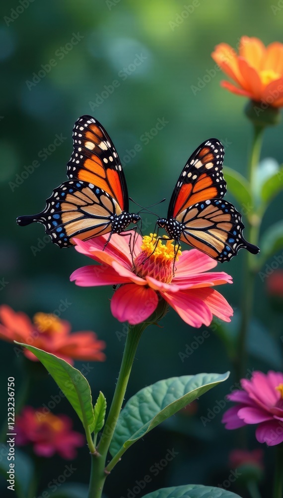 Butterflies sipping nectar from a colorful flower cluster, natural, vibrant Butterflies sipping nectar from a colorful flower cluster, natural, vibrant