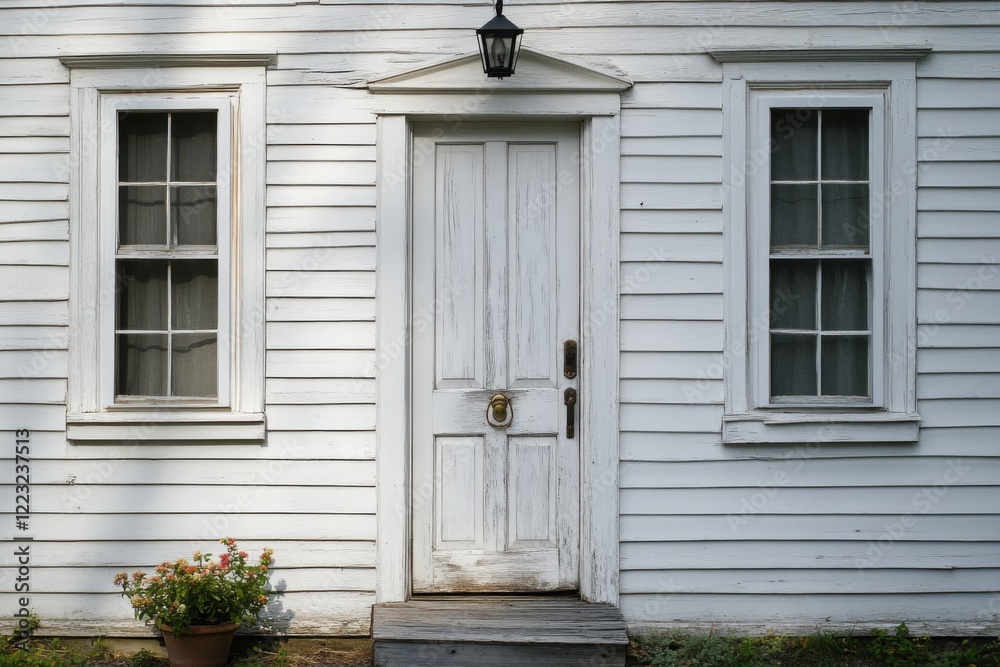 White wooden house with weathered door and windows in a quiet neighborhood, showcasing traditional architecture and subtle charm beneath soft light White wooden house with weathered door and windows in a quiet neighborhood, showcasing traditional architecture and subtle charm beneath soft light