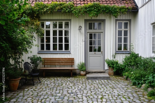 Charming exterior of a quaint house surrounded by lush greenery and a cobblestone pathway inviting visitors to enjoy the serene atmosphere on a sunny day
