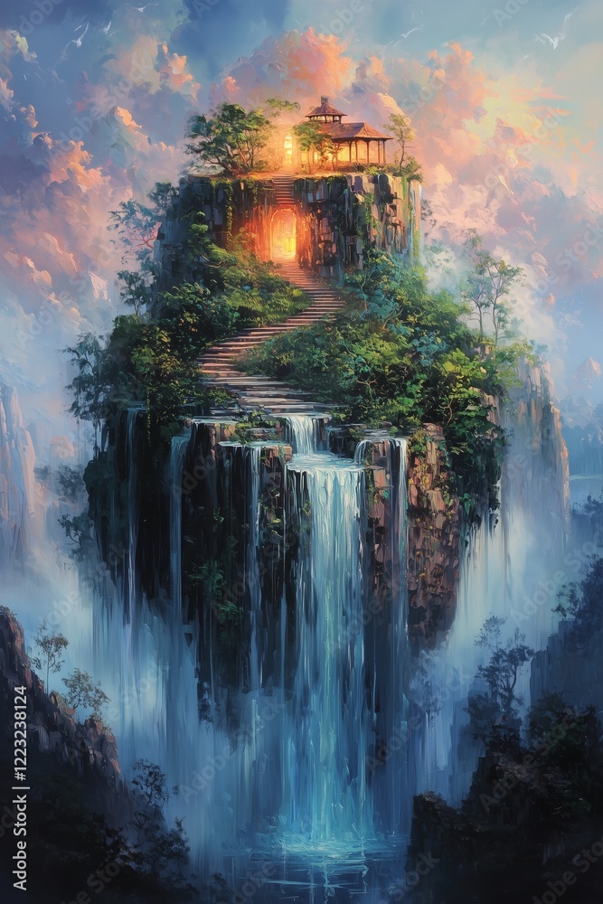 Fototapeta premium Majestic Mountain Waterfall with Serene Temple at Sunset