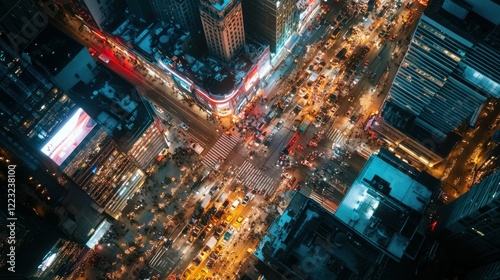 Aerial view of busy times square intersection at night with vibrant city lights
