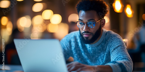 Focused Man Working on Laptop at Night, Remote Work and Digital Productivity