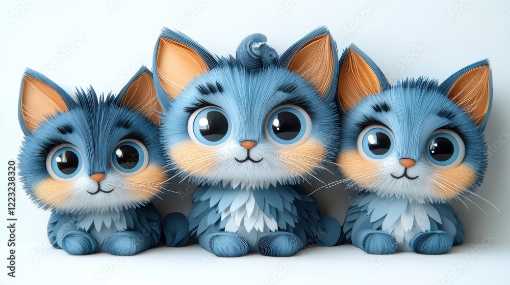 Fototapeta premium Playful Kittens with Big Round Eyes in Soft Blue Fur Textures