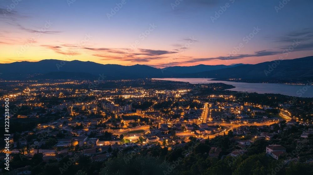 Scenic evening view of coastal cityscape and distant mountains Scenic evening view of coastal cityscape and distant mountains