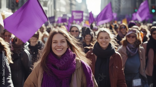 Diverse group of women walk together united celebration of girls power empowerment. People hold purple feminism flags. Happy women's day. Feminists crowd march. 8 march holiday protest. Female rights.