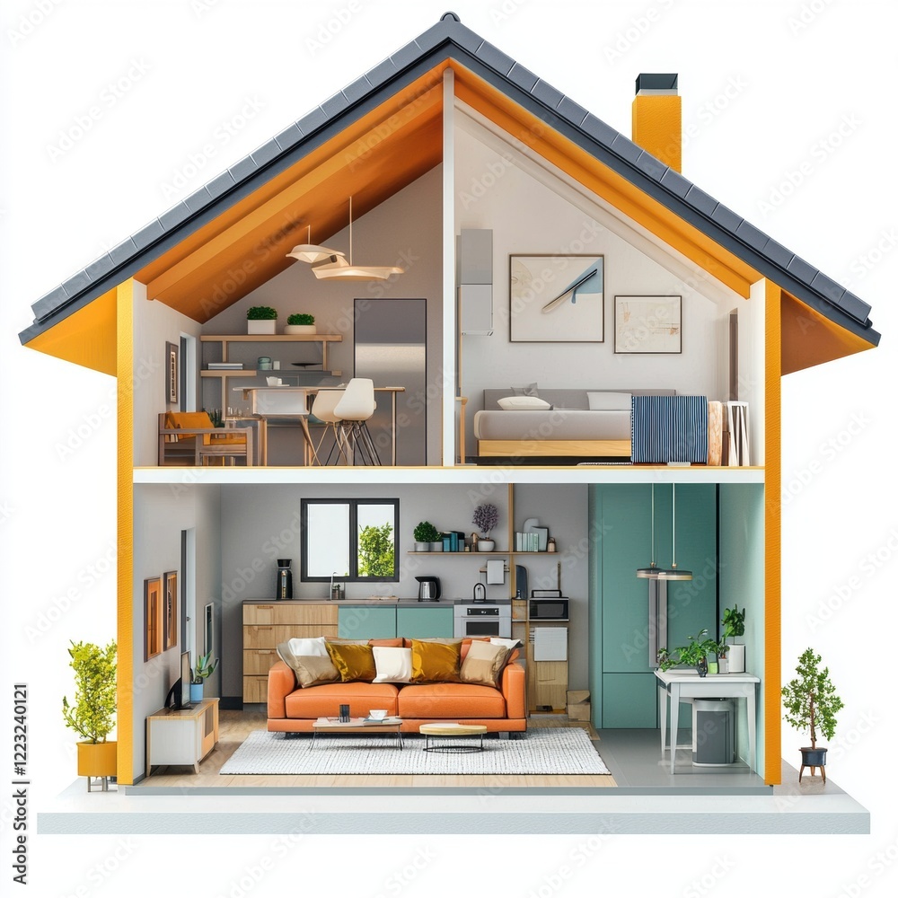 3D icon cartoon of a modern house interior cutaway showing a living room and kitchen, isolated on a white background 3D icon cartoon of a modern house interior cutaway showing a living room and kitchen, isolated on a white background