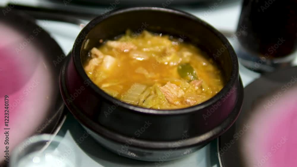 Portion of homemade clear salmon soup with big pieces of fish in a pink bowl on a dinner table, top view when stirring with a spoon Portion of homemade clear salmon soup with big pieces of fish in a pink bowl on a dinner table, top view when stirring with a spoon