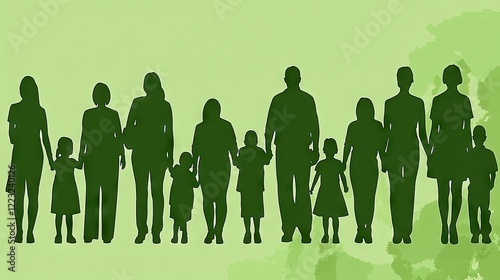 Large family silhouette holding hands, green background, unity, togetherness, family values