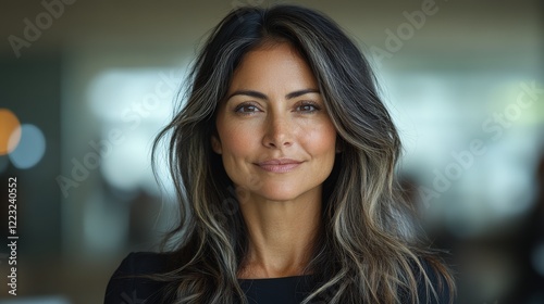 Confident woman with long hair smiling in a modern office setting with blurred background (1) Free Download Confident woman with long hair smiling in a modern office setting with blurred background (1) - GFXLoad