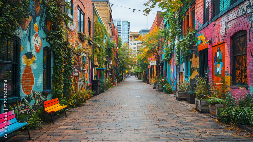 Fototapeta premium Colorful Urban Alleyway with Vibrant Street Art and Greenery
