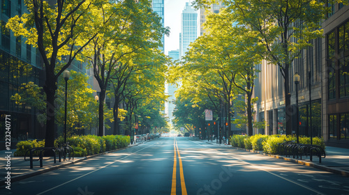 Serene City Street with Lush Green Trees and Sunlight Through Canopy