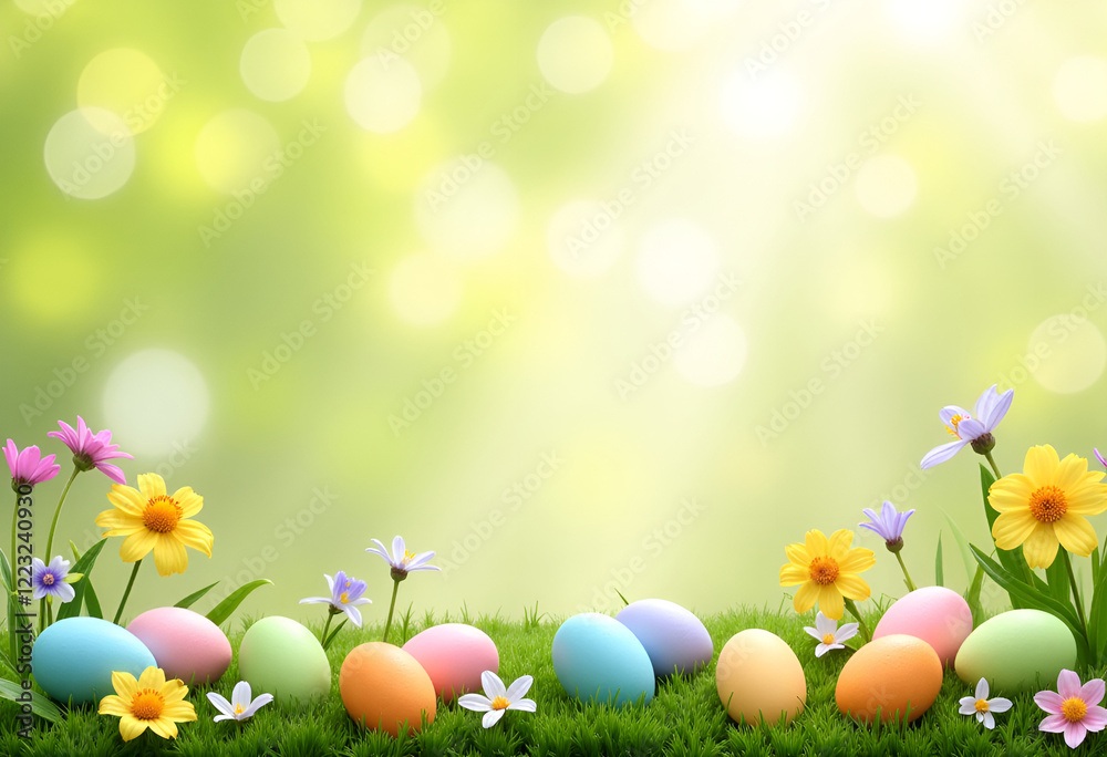background Pastel Easter Eggs in Grass with flowers background Pastel Easter Eggs in Grass with flowers