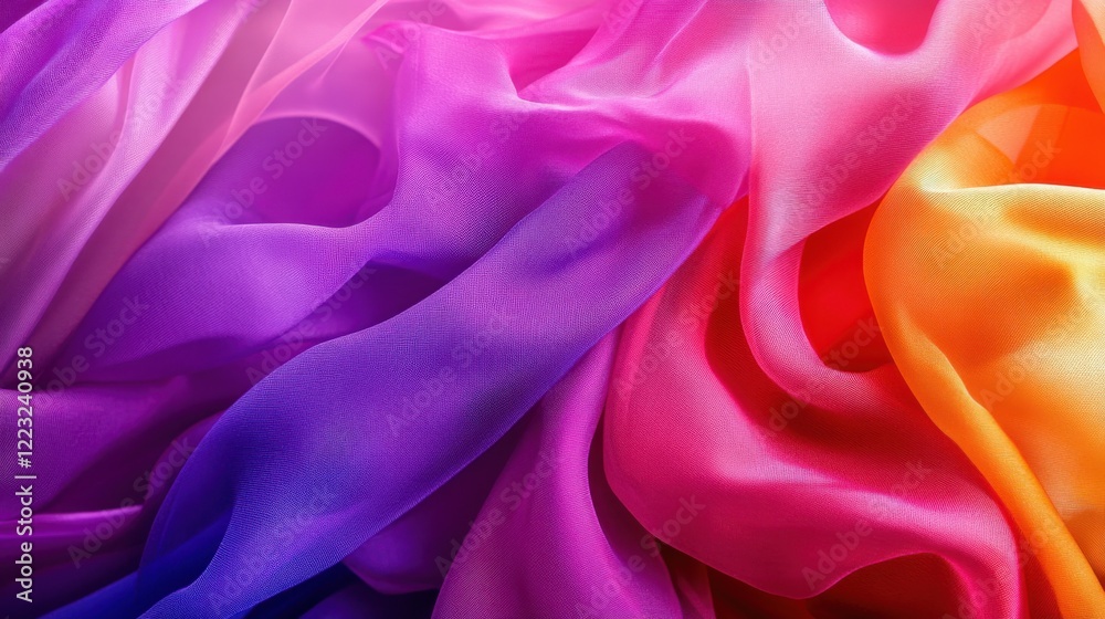Obraz premium Colorful flowing silk fabric in vibrant shades of purple, pink, and yellow creating a soft texture