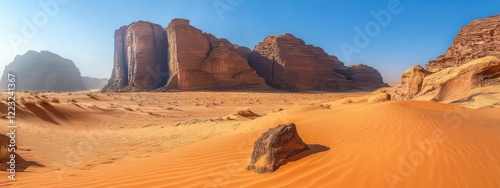 Majestic Wadi Rum Desert Landscape Dramatic Rock Formations Sand Dunes and Clear Blue Sky