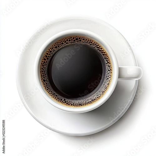 Overhead view of black coffee in white cup and saucer.  Perfect for menus or websites
