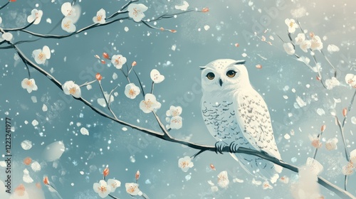 Snowy Owl Perched on a Winter Blooming Branch photo