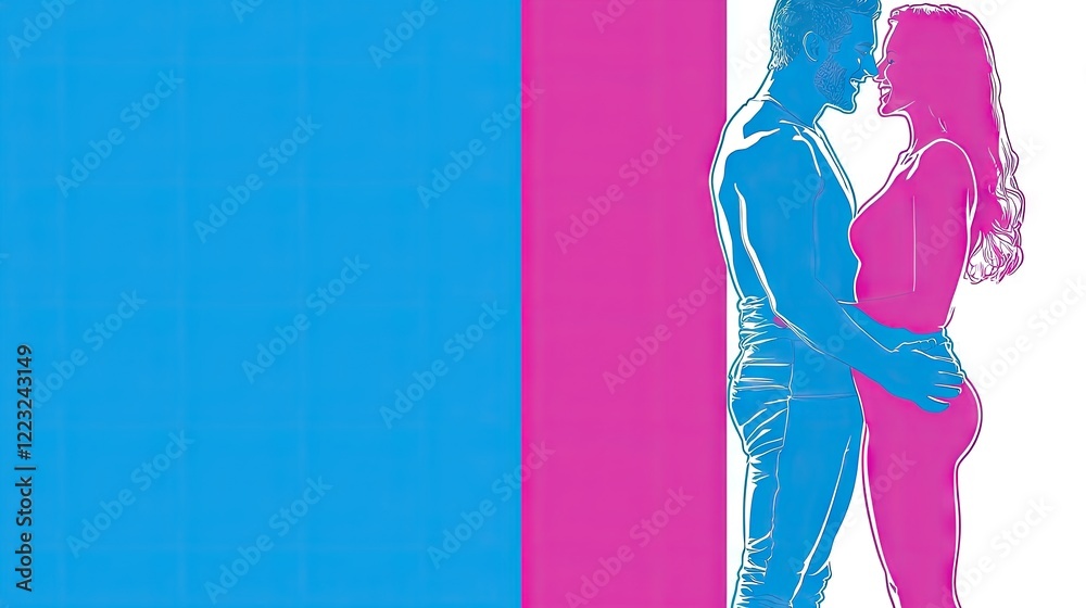 Couple embracing, pink and blue background, romance, relationship, love