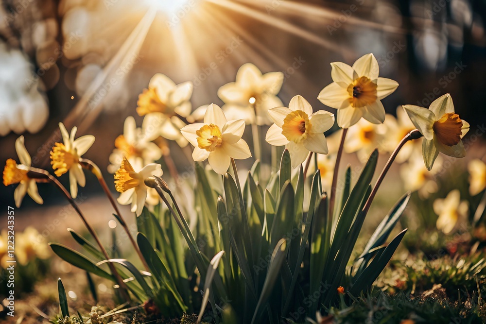 Obraz premium Radiant bloom vibrant daffodils bathed in sunlit glow image.