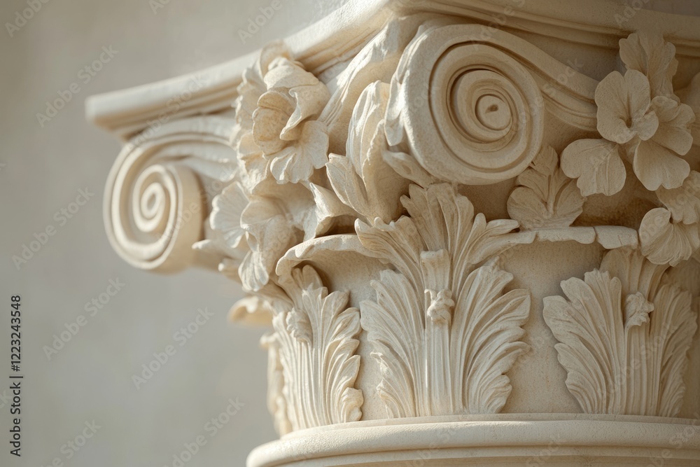 Naklejka premium Intricate stone capital adorned with floral and scroll motifs, showcasing classical architectural design.