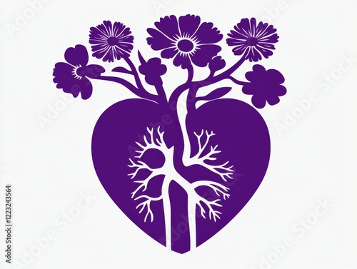 Purple Anatomical Heart with Floral Design. Stylized purple anatomical heart illustration featuring blooming flowers, symbolizing growth, vitality, and health.