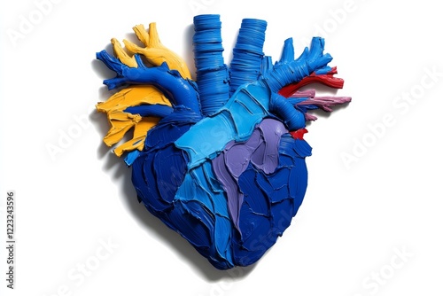 Textured Blue and Yellow Anatomical Heart Design. Bold, colorful anatomical heart illustration using textured paint in blue, yellow, and purple tones.
