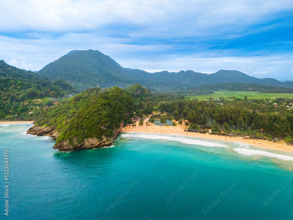 Obraz premium Lhoknga coastline, sea aerial view at Lampuuk beach by drone in Aceh, Indonesia. popular for surfing waves and surfers