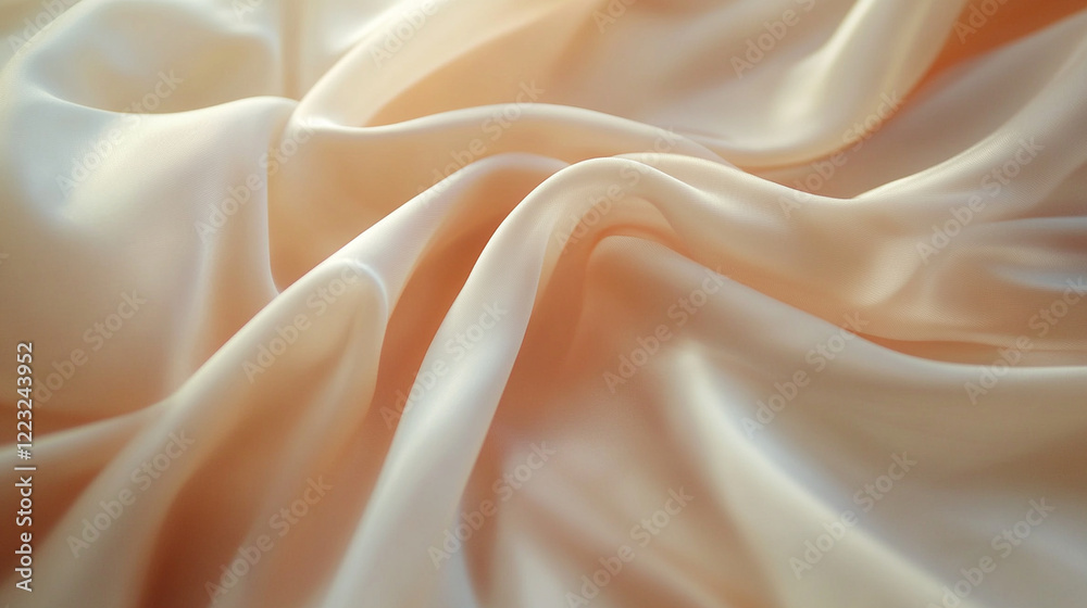 Fototapeta premium A close-up view of luxurious silk satin fabric, softly draped and illuminated by warm lighting, creating gentle waves and a golden sheen.