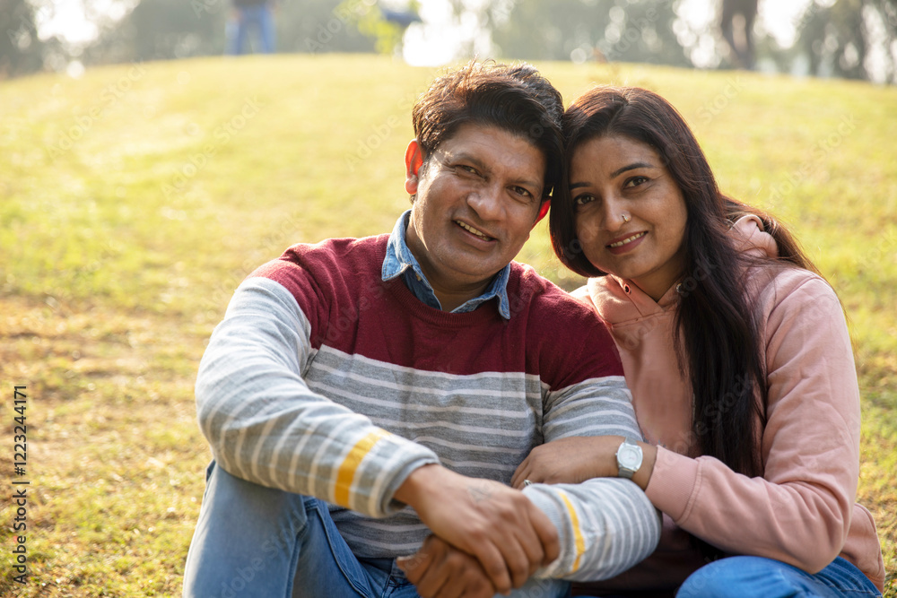 Fototapeta premium Indian young romantic couple hugging at outdoor. Lovely couple embracing each other at park