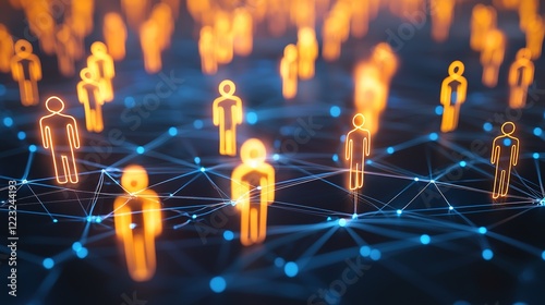 Explore a vibrant talent management system displaying glowing connections among individuals in a digital landscape.