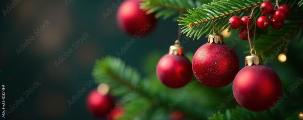 Red and white berries hang from a green evergreen branch with matching ornaments, Christmas decorations, red Red and white berries hang from a green evergreen branch with matching ornaments, Christmas decorations, red