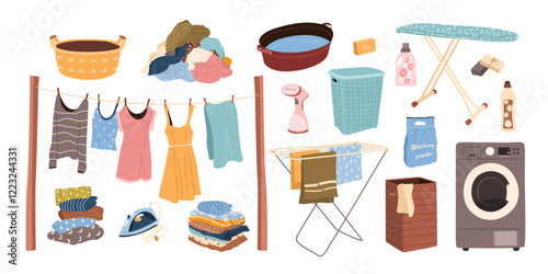 Laundry set. Isolated housework elements for cleaning, washing and ironing. Clothes, washing machine, softener, clothes steamer, drying rack, powder detergent, ironing board. Vector illustrations.