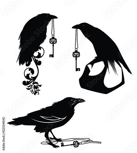 magic raven birds holding mysterious antique style skeleton key on chain - mystical animal black and white vector design set