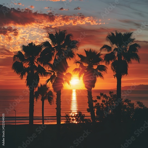 Silhouetted palm trees stand against a breathtaking sunset over a calm ocean. Vibrant orange, red, and purple hues paint the sky. A serene coastal scene.