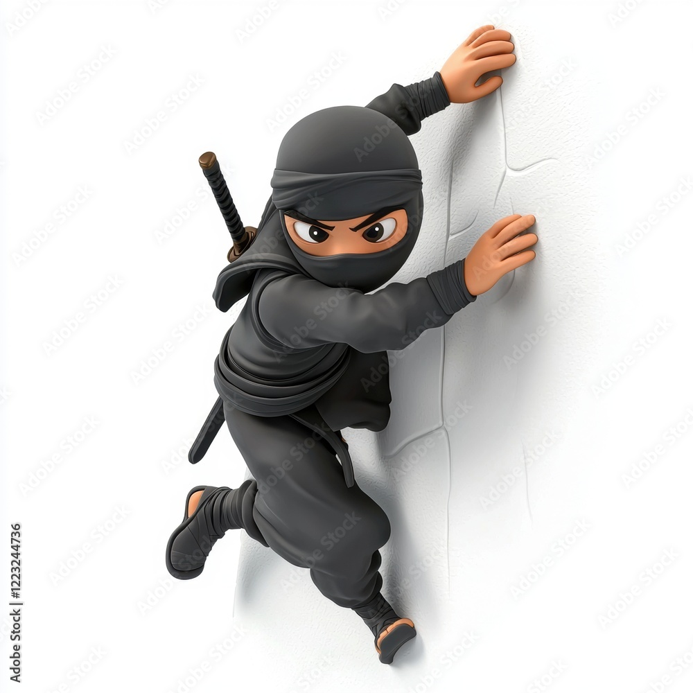 Obraz premium 3D icon cartoon of a stealthy ninja climbing a wall, isolated on a white background