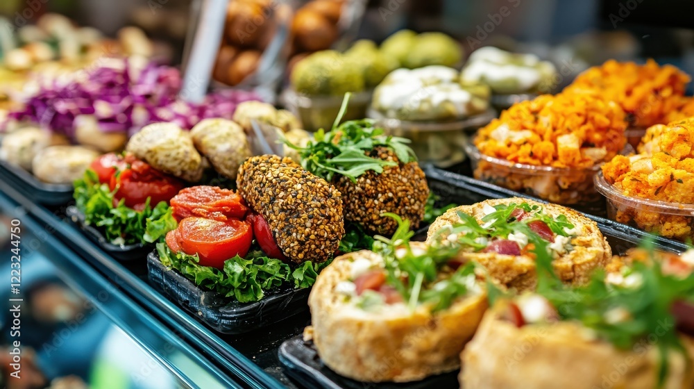 Fototapeta premium Colorful display of healthy vegetarian dishes in a market showcasing vibrant ingredients