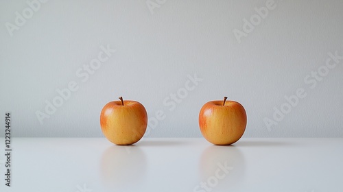 Two ripe apples on white table, minimalist setting, healthy food concept