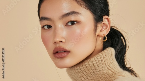 A model with radiant skin and a minimal makeup look gazes confidently while wearing a simple turtleneck sweater. The warm tones of the background enhance her sophisticated yet casual style