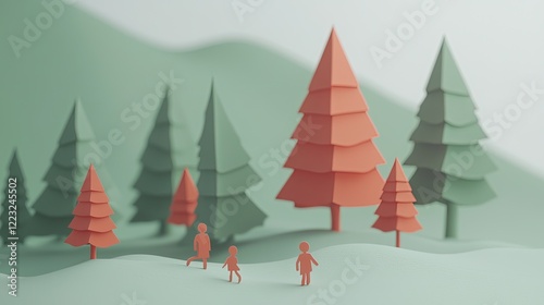 Wallpaper Mural Family strolls through stylized forest; nature, landscape, hills, background, design Torontodigital.ca