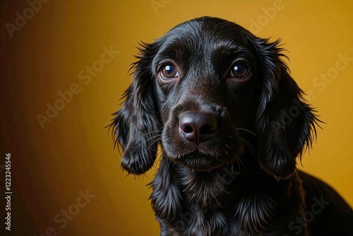 A black dog with brown eyes is staring at the camera. The dog has long hair and is sitting on a yellow background