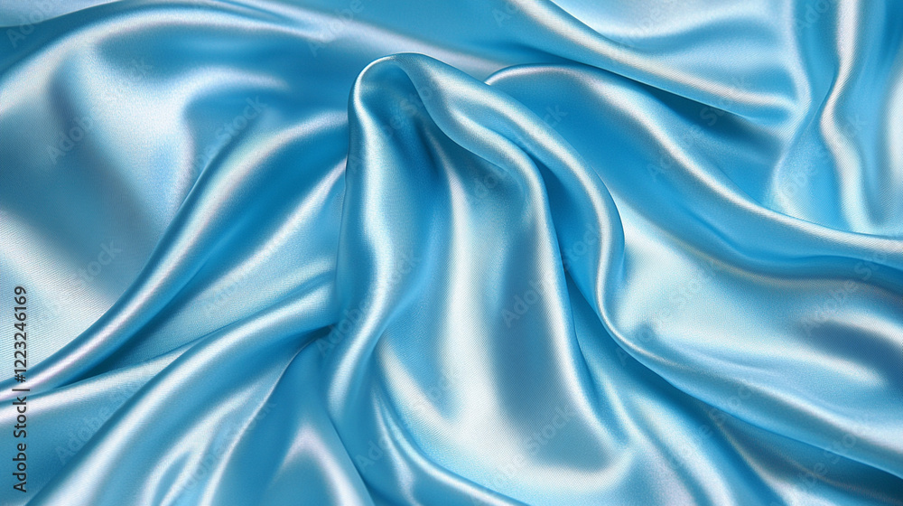 Fototapeta premium A macro shot of teal silk satin, with gentle folds catching vibrant light reflections, creating depth and richness.