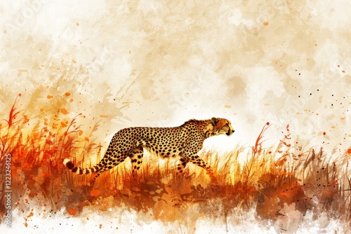 Dynamic cheetah in motion across vibrant yellow grass in stunning anime style digital art photo