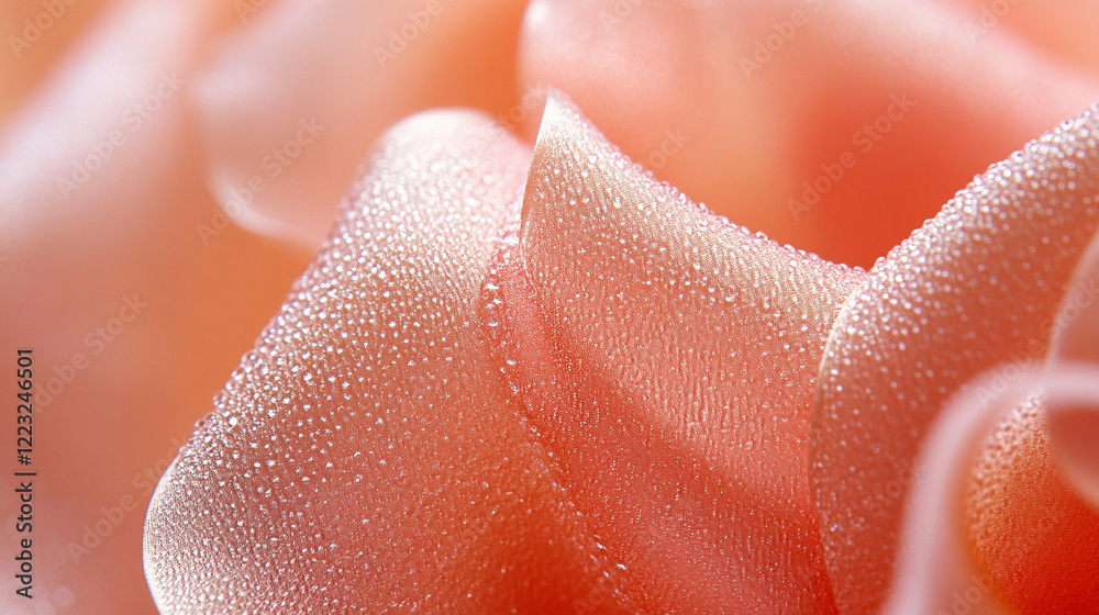A macro view of coral silk satin, with its warm tones and silky texture beautifully illuminated by natural light. A macro view of coral silk satin, with its warm tones and silky texture beautifully illuminated by natural light.