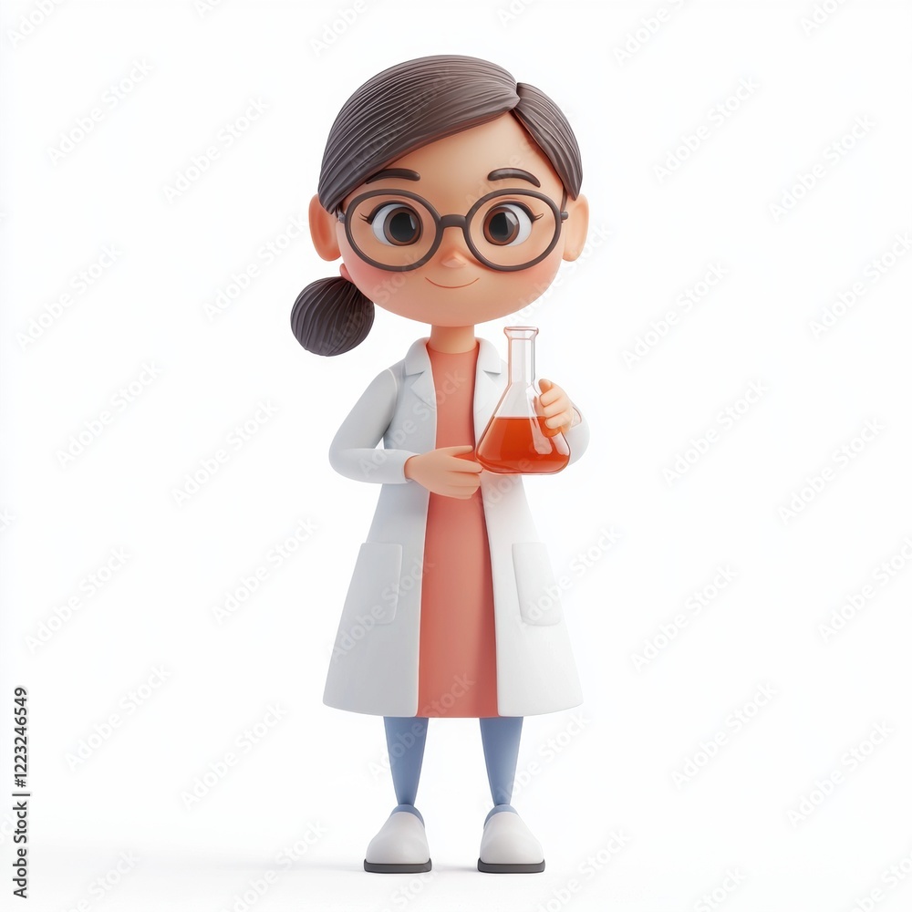 3D icon cartoon of a scientist woman in a lab coat holding a flask, isolated on a white background --quality 2 3D icon cartoon of a scientist woman in a lab coat holding a flask, isolated on a white background --quality 2