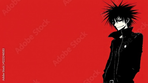 Anime boy red background smirk style photo