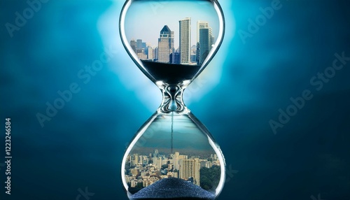 hourglass measuring time with cityscape inside representing business goals photo