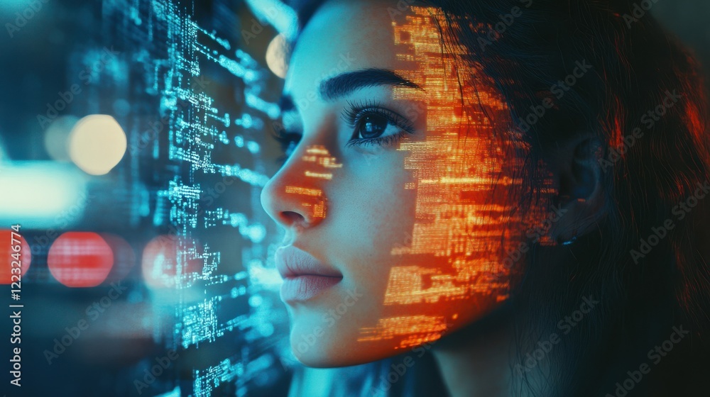 Young hispanic female analyzing data with digital overlay in futuristic setting Young hispanic female analyzing data with digital overlay in futuristic setting