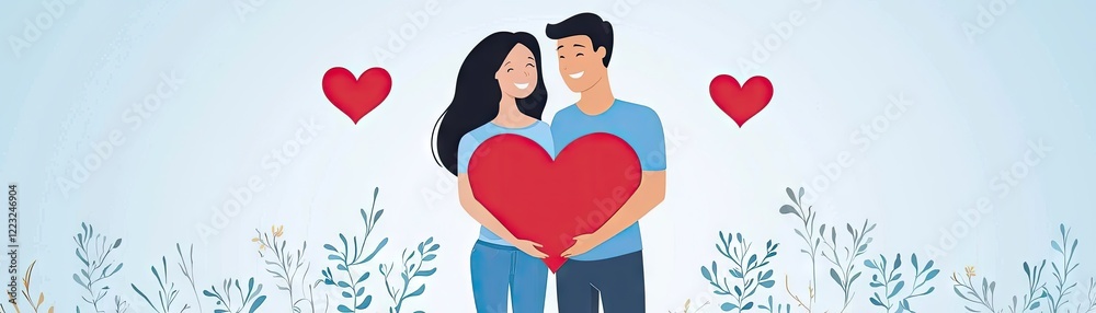 Couple holding heart, love, romance, floral background, Valentine's Day Couple holding heart, love, romance, floral background, Valentine's Day