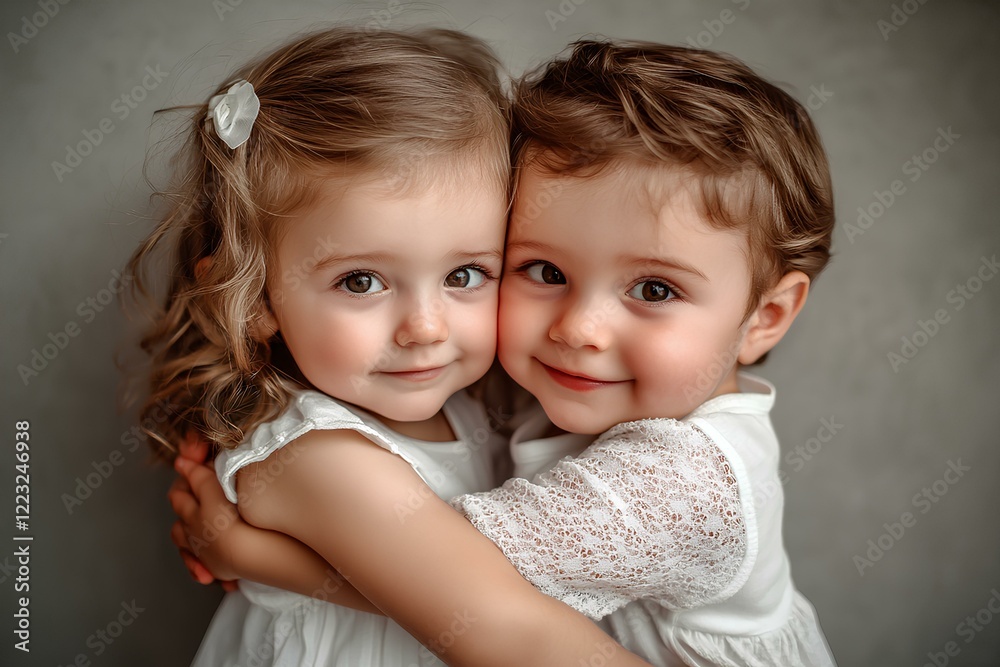 little baby white boy and girl twins love each other, looking and smiling little baby white boy and girl twins love each other, looking and smiling